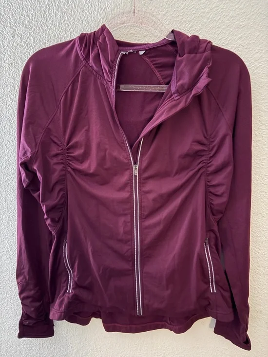 Athleta Burgundy Hooded Active Jacket with Back Zip Pocket warm lining - Picture 2 of 2